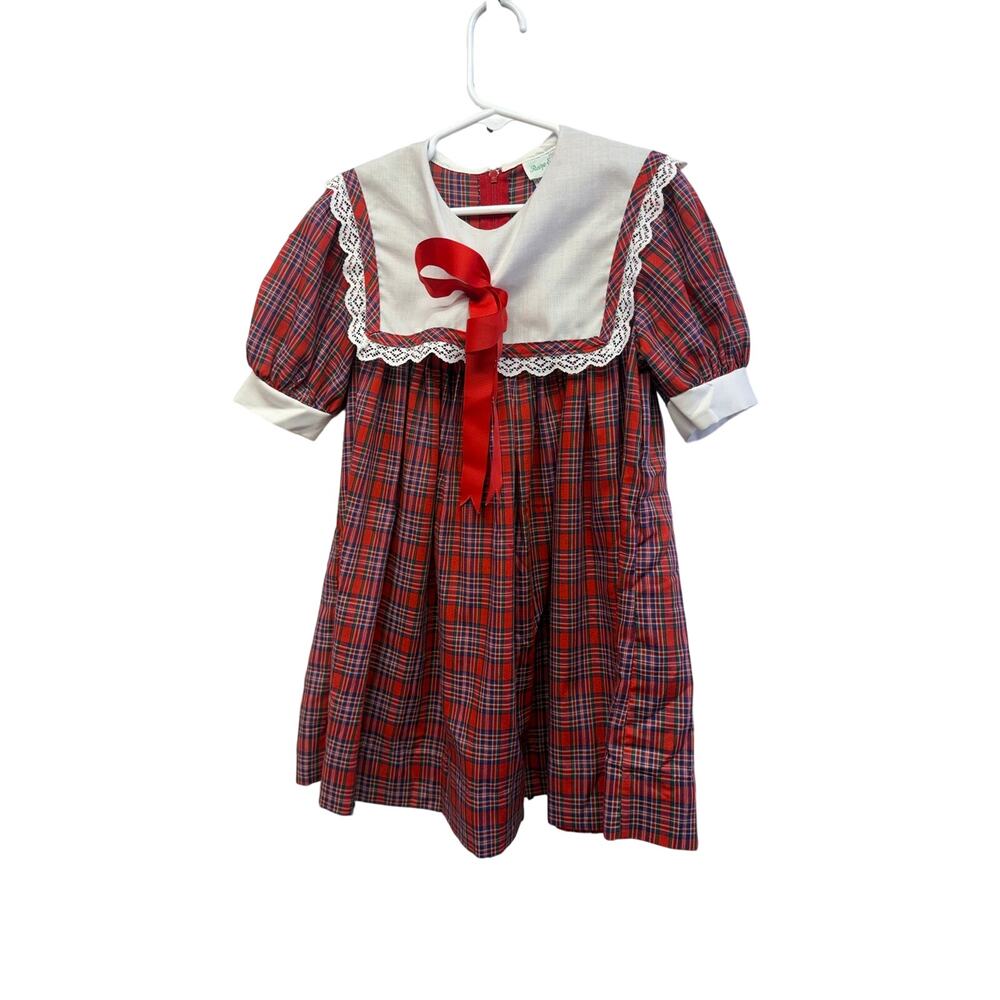 Rare Editions 90s vintage Baby Girls Red Plaid Holiday Dress lace smock dress